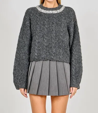 Endless Rose Jewel Embroidered Cable Knit Chunky Sweater In Charcoal In Gray