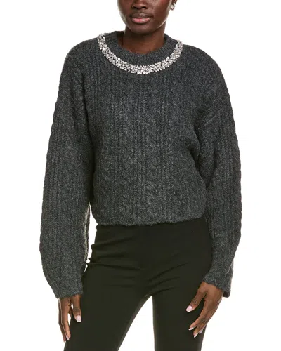 Endless Rose Jewel Embroidered Fuzzy Cable Chunky Wool-blend Sweater In Grey
