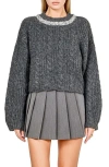 Endless Rose Jewel Fuzzy Cable Stitch Sweater In Gray