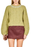 Endless Rose Jewel Fuzzy Cable Stitch Sweater In Green