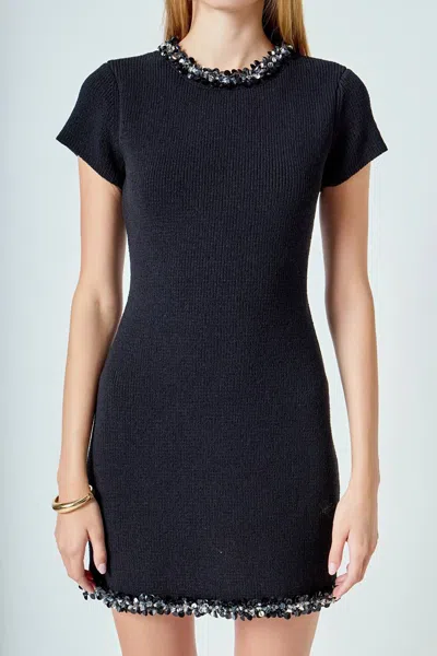 Endless Rose Jewel Trim Knit Mini Dress In Black In Blue