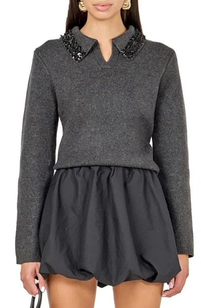 Endless Rose Jewel Trim Sweater In Gray