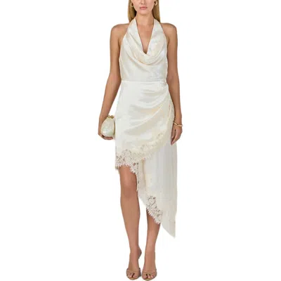 Endless Rose Lace Satin Asymmetric Halter Midi Dress In White