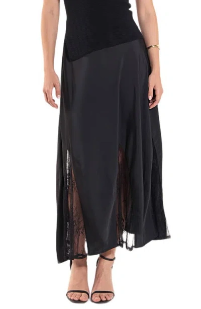 Endless Rose Lace Trim Satin Midi Skirt In Black