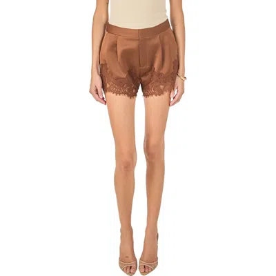 Endless Rose Lace Trimmed Satin Shorts In Brown