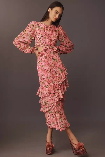 Endless Rose Long-sleeve Floral Ruffled Midi Dress In Pink