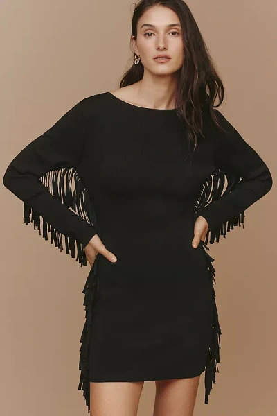 Endless Rose Long-sleeve Fringe Sweater Mini Dress In Black