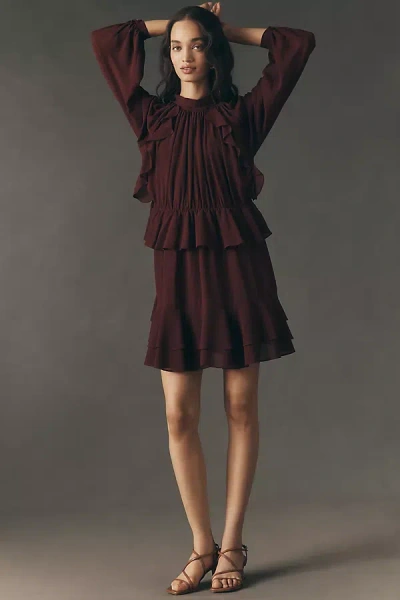 Endless Rose Long-sleeve Ruffle Chiffon Mini Dress In Burgundy
