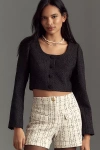 Endless Rose Long-sleeve Scoop-neck Cropped Tweed Blouse In Black