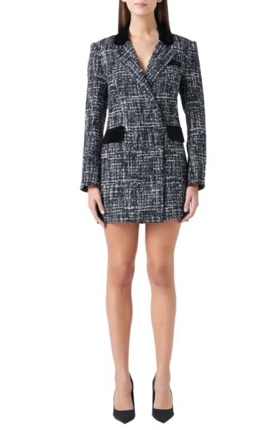 Endless Rose Long Sleeve Tweed Blazer Minidress In Black