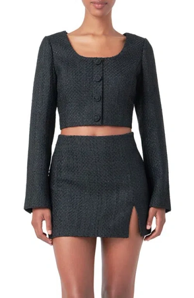 Endless Rose Long Sleeve Tweed Crop Top In Black