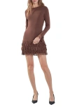 Endless Rose Loop Fringe Long Sleeve Minidress In Chocolate Brown