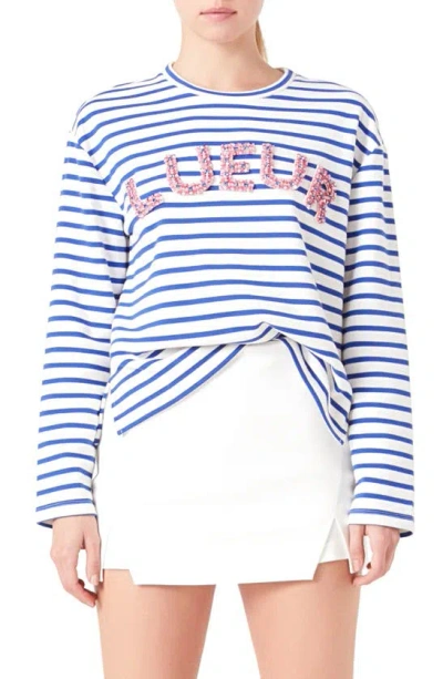 Endless Rose Lueur Stripe Long Sleeve Knit Top In White/ Blue