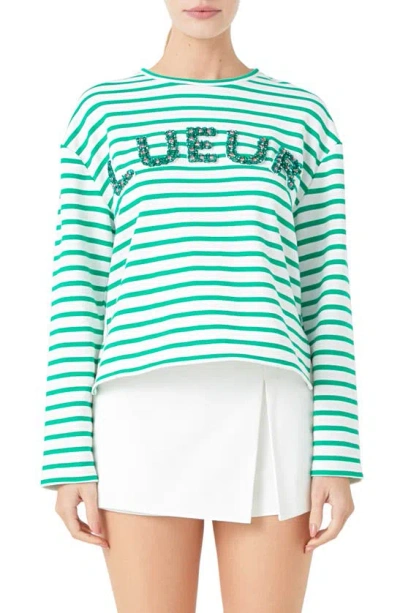 Endless Rose Lueur Stripe Long Sleeve Knit Top In White/ Green