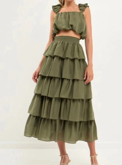 Endless Rose Lydia Tiered Skirt Set In Olive In Green
