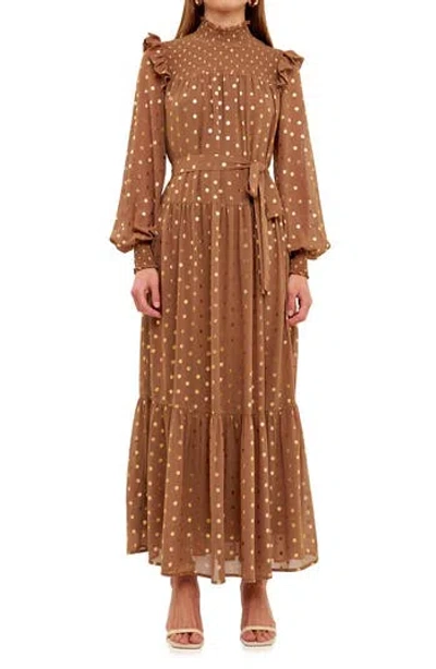 Endless Rose Metallic Dot Tie Waist Long Sleeve Maxi Dress In Tan
