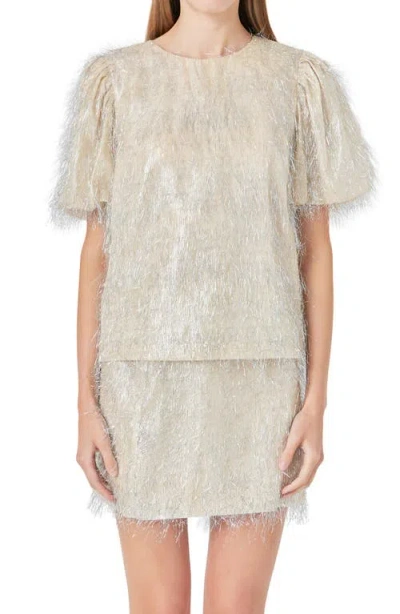 Endless Rose Metallic Fringe Puff Sleeve Top In Champagne