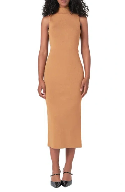 Endless Rose Metallic Mock Neck Body-con Midi Dress In Camel