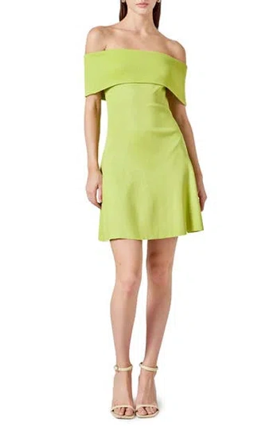 Endless Rose Metallic Off The Shoulder Knit Minidress In Green