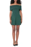 Endless Rose Metallic Off The Shoulder Knit Minidress In Green