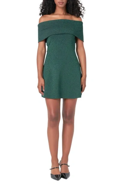 Endless Rose Metallic Off The Shoulder Knit Minidress In Green