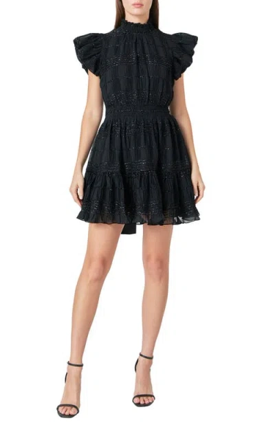 Endless Rose Metallic Ruffle Smocked Chiffon Minidress In Black