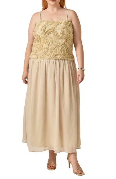 Endless Rose Mixed Media Appliqué Maxi Dress In Brown