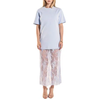 Endless Rose Mixed Media Cotton Knit & Lace T-shirt Dress In Blue