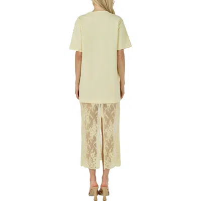 Endless Rose Mixed Media Cotton Knit & Lace T-shirt Dress In Yellow