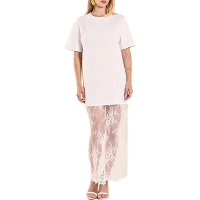 Endless Rose Mixed Media Cotton Knit & Lace T-shirt Dress In Neutral