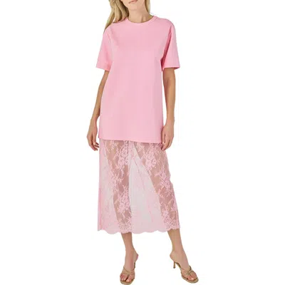 Endless Rose Mixed Media Cotton Knit & Lace T-shirt Dress In Pink