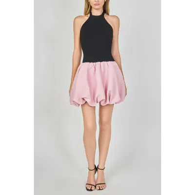 Endless Rose Mixed Media Halter Neck Bubble Minidress In Black