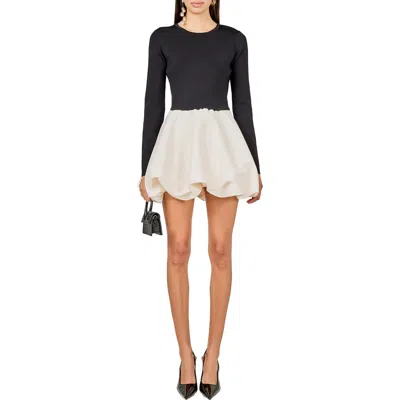 Endless Rose Mixed Media Long Sleeve Open Back Bubble Minidress In Black