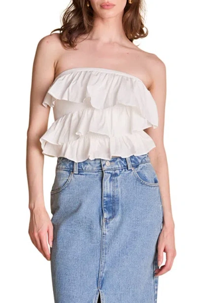 Endless Rose Mixed Media Ruffle Strapless Rib Tube Top In White