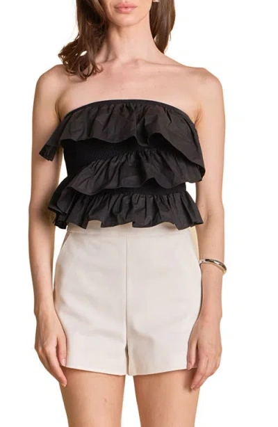 Endless Rose Mixed Media Ruffle Strapless Rib Tube Top In Black