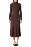 Endless Rose Mock Neck Long Sleeve Rib Sweater Midi Dress In Brown