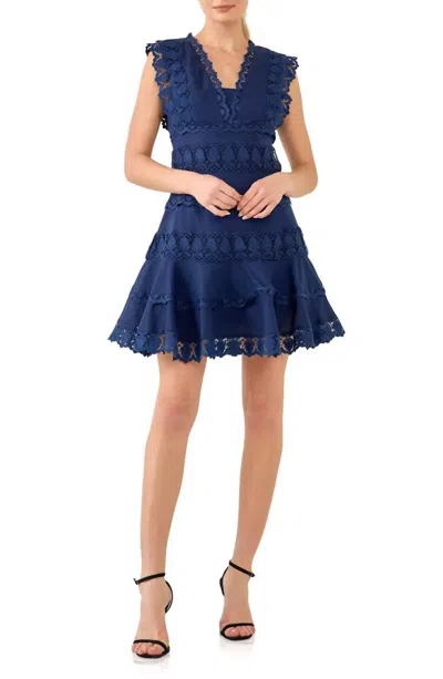 Endless Rose Navy Plunging Neck Lace Trim Dress In Blue
