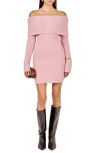 Endless Rose Off The Shoulder Long Sleeve Cable Stitch Sweater Dress With Tie In Pink