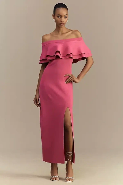 Endless Rose Off-the-shoulder Ruffle Crepe Midi Dress In Pink
