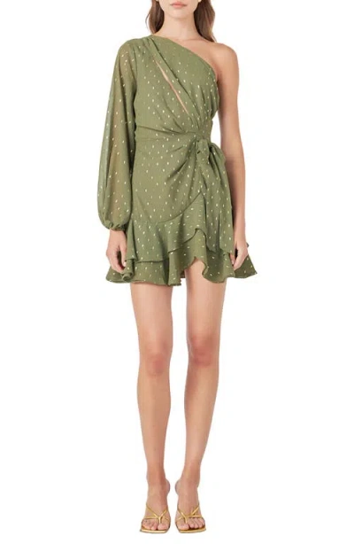 Endless Rose One-shoulder Chiffon Minidress In Olive