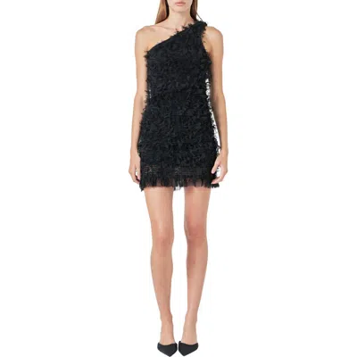 Endless Rose One-shoulder Mesh Fringe Minidress In Black