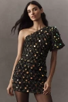 Endless Rose One-shoulder Puff-sleeve Sequin Mini Dress In Black