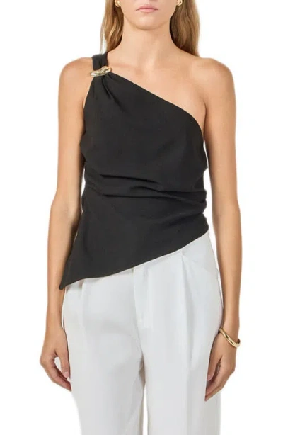 Endless Rose One Shoulder Ruched Asymmetric Hem Top In Black