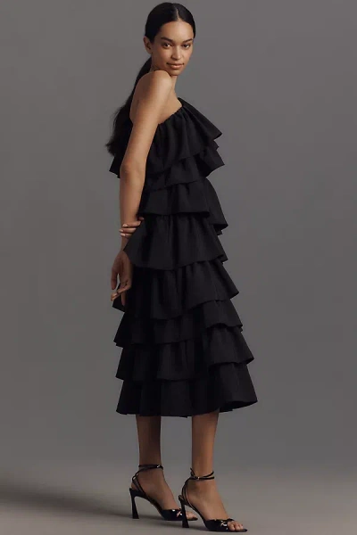 Endless Rose One-shoulder Ruffled A-line Midi Dress In Black