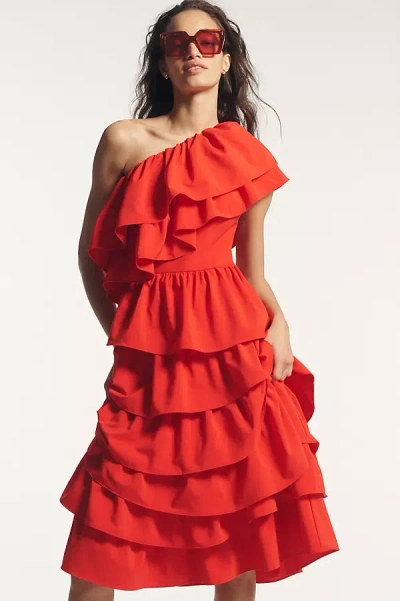 Endless Rose One-shoulder Ruffled A-line Midi Dress In Red