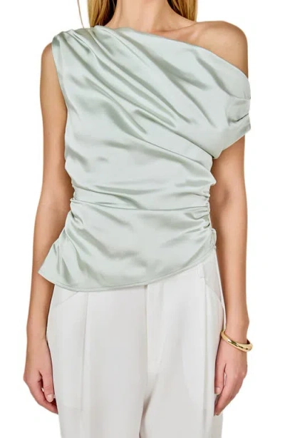 Endless Rose One-shoulder Ruched Satin Top In Green