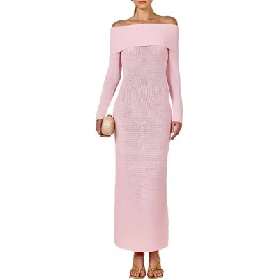 Endless Rose Open Stitch Off The Shoulder Long Sleeve Sweater Dress In Pink