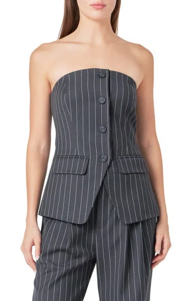 Endless Rose Pinstripe Strapless Button Front Top In Charcoal