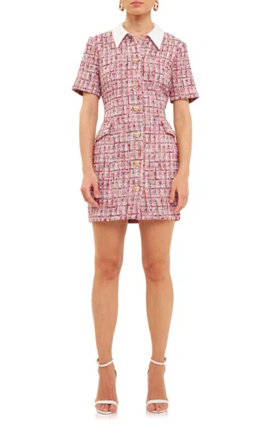 Endless Rose Point Collar Tweed Mini Shirtdress In Pink Multi