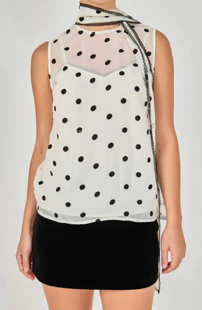 Endless Rose Polka Dot Bow Neck Sleeveless Top In White